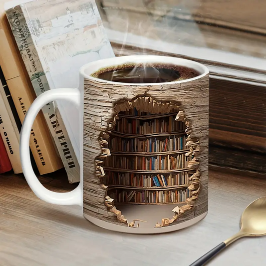 Kütüphane manzaralı sihirli termos kupa – Kaybolan kitap raflı kahve fincanı