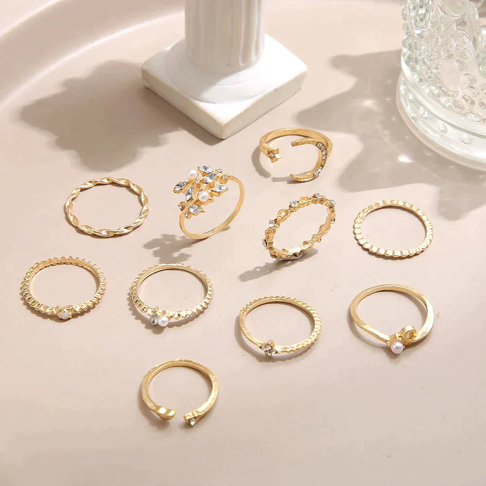 Pack de 10 anillos estilo boho en plata y dorado