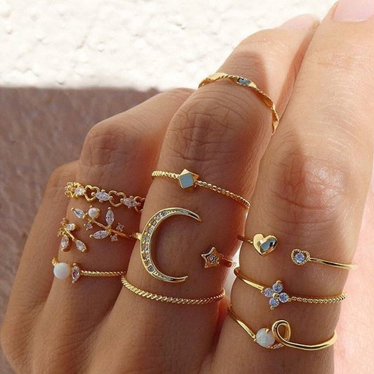 Pack de 10 anillos estilo boho en plata y dorado