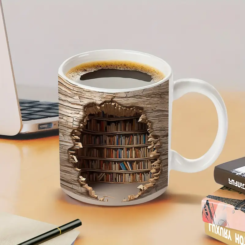Kütüphane manzaralı sihirli termos kupa – Kaybolan kitap raflı kahve fincanı
