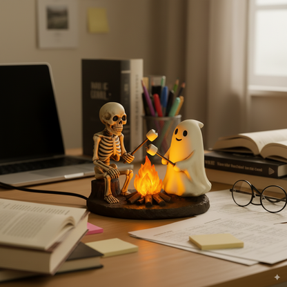 SpookFire | Luz nocturna parpadeante de campamento con esqueleto y fantasma